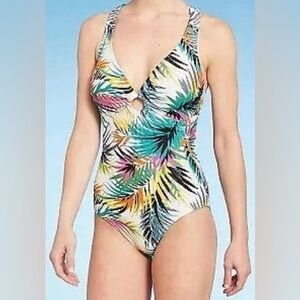Plunge Ring Detail One Piece Swimsuit - Shade & Shore - Tropical Print - new